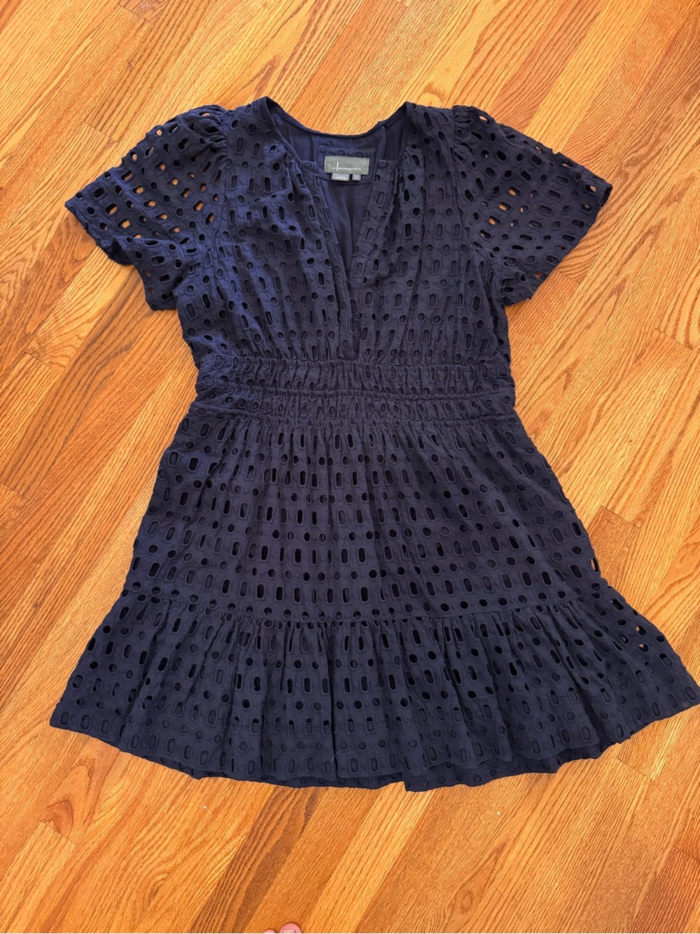 Anthropologie Navy Eyelet V-Neck Smocked Waist Dress